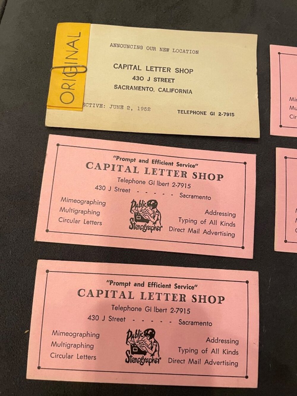 Vintage 1952 Capital Letter Shop Business Cards & Relocation Notice Sacramento C